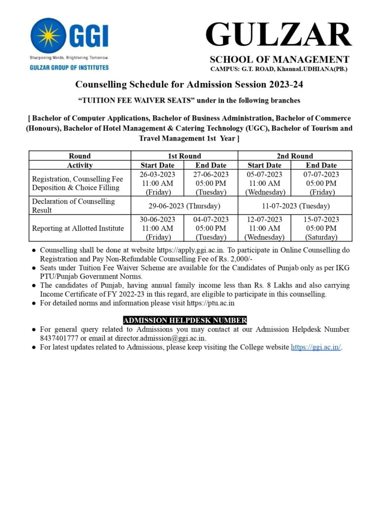 Counselling Schedule for Admission Session 2023-24 “TUITION FEE WAIVER SEATS”